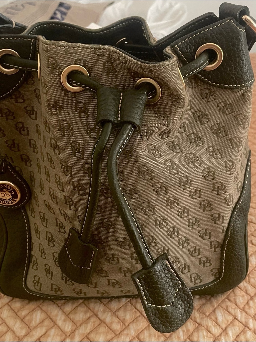 Dooney & Bourke Olive Leather and Canvas Drawstring Bucket Bag